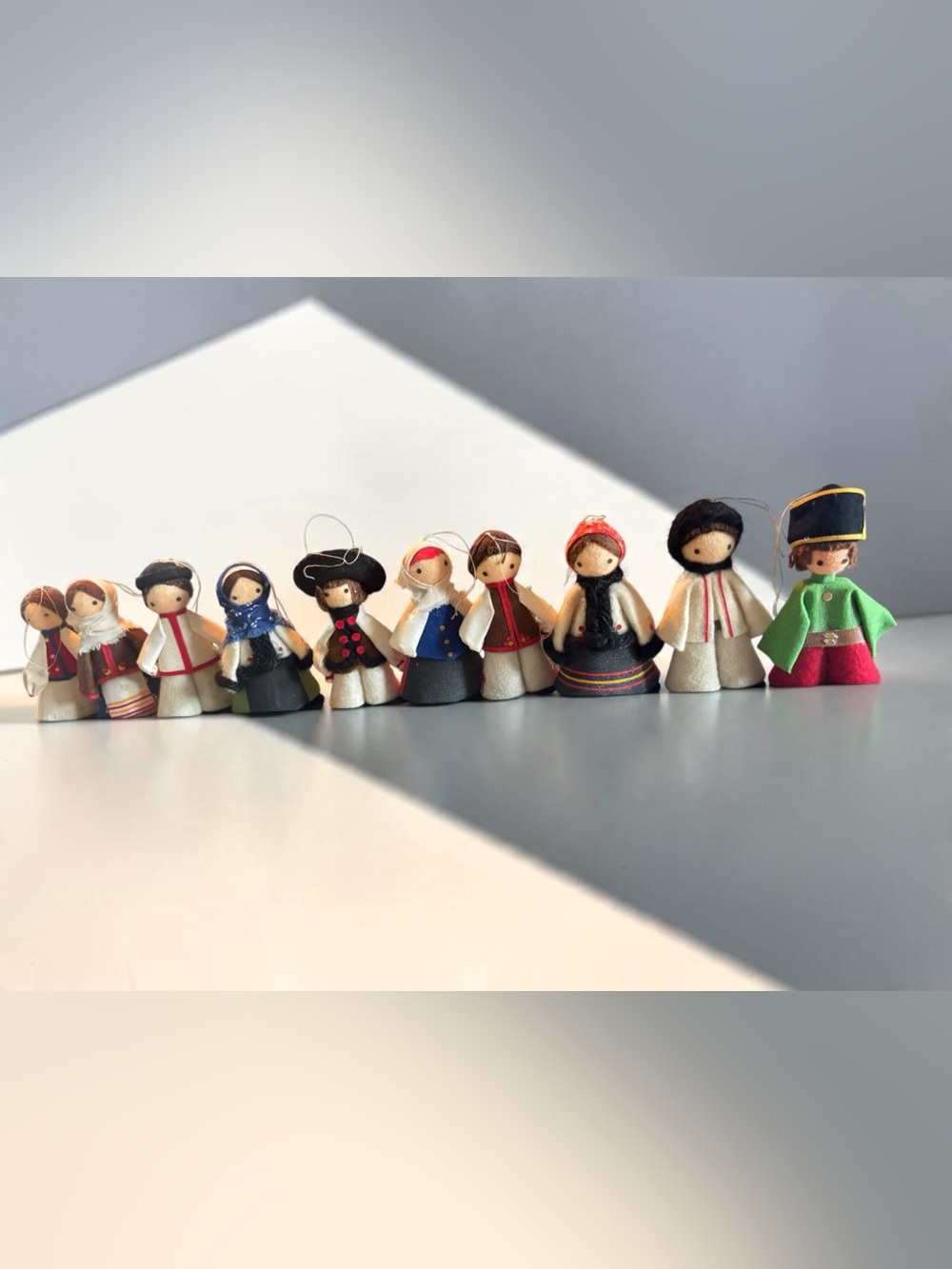Vintage Folk Art Christmas Ornaments Set of 10 Miniature Felt Costume Dolls
